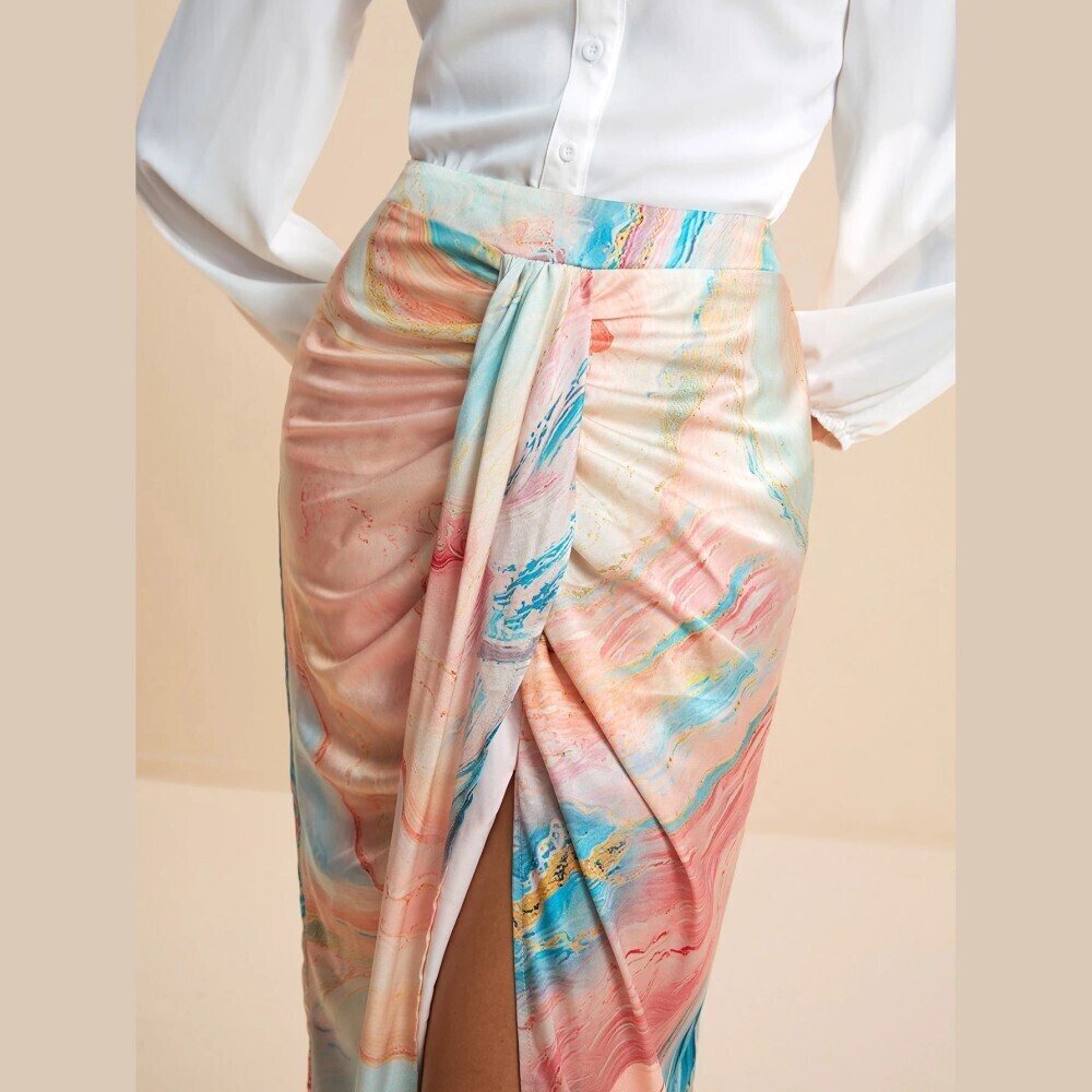 Orange / Blue Marble Print Draped Wrap Front High Slit Maxi Skirt - Picture 3 of 7